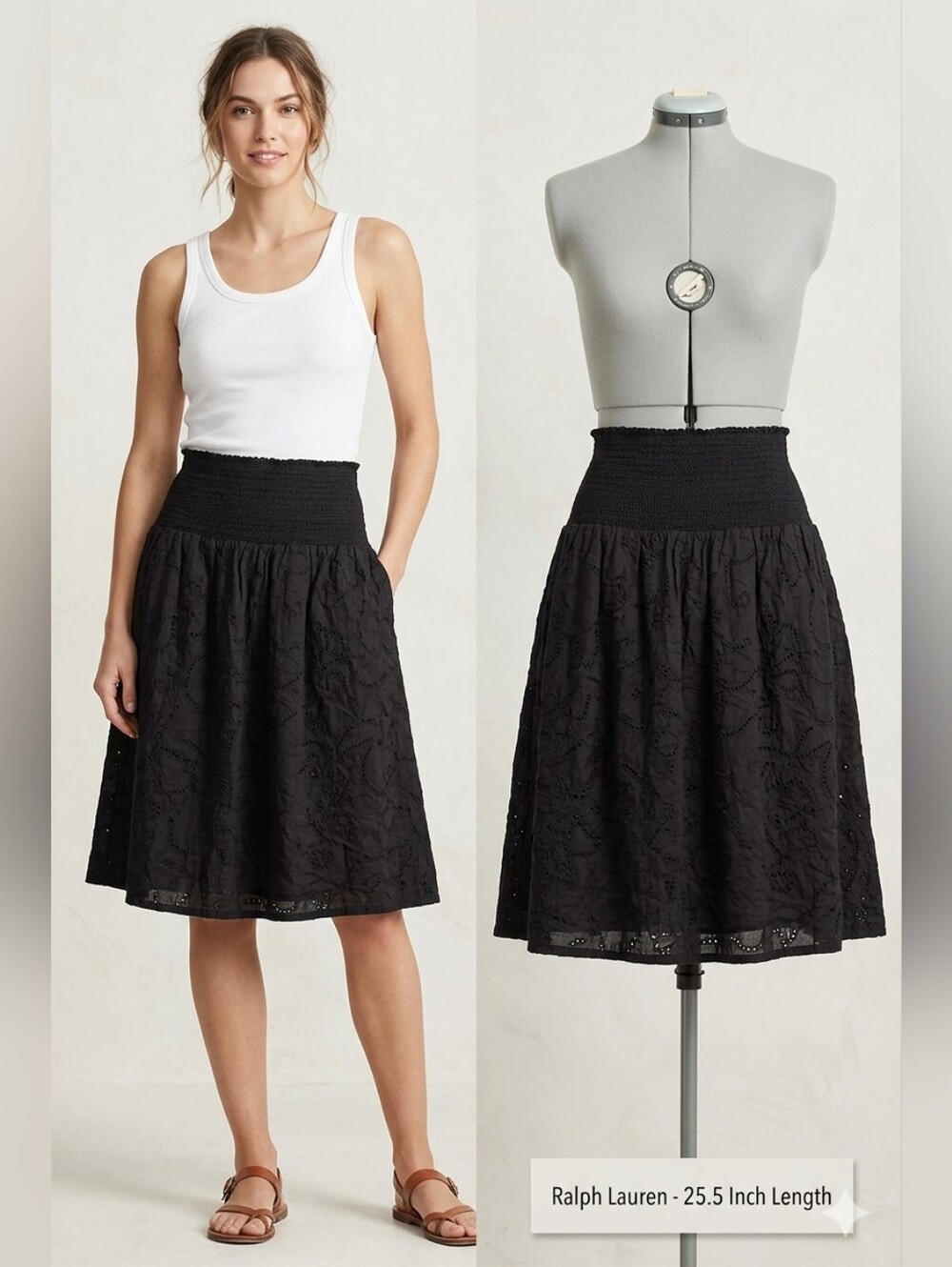 Ralph Lauren Black Eyelet Lace Smocked Waist Knee-Length Skirt - Size Large